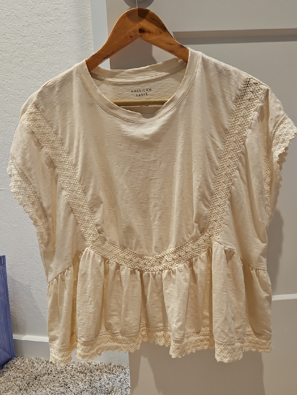 American Eagle Outfitters Cream Crochet Peplum Tunic Top